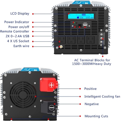 Esposizione LCD pura dell'invertitore 12V 24V della sinusoide 3000 di watt telecomandato